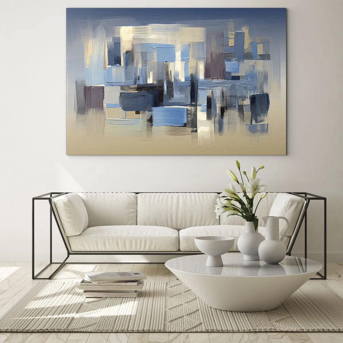 Cuadro sobre vidrio - Impresiones sobre Vidrio - Pinceladas geométricas en tonos azules y beige - 100x70cm - Construcción azul - Decoración de pared moderna para salón y dormitorio ARTTOR