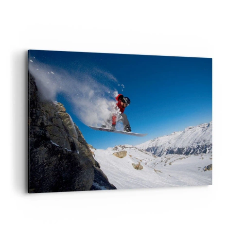 Cuadro sobre lienzo - Impresión de Imagen - Un snowboarder salta desde una roca frente a un paisaje montañoso. - 100x70cm - Y te convertiste en parte del lugar - Decoración de pared moderna para salón y dormitorio ARTTOR
