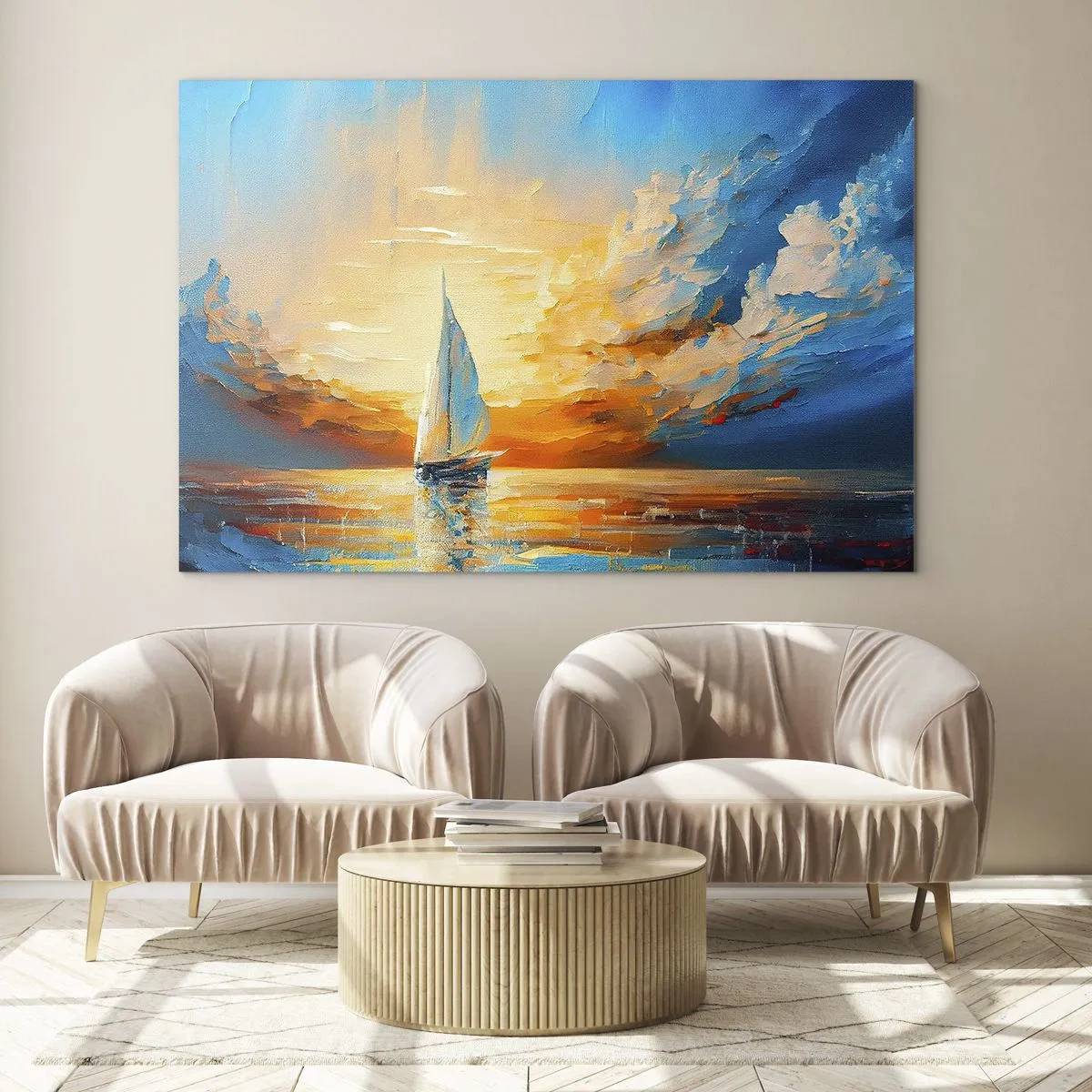 Cuadro sobre vidrio - Impresiones sobre Vidrio - Un velero en el mar a la luz del sol poniente. - 70x50cm - Navegando en oro - Decoración de pared moderna para salón y dormitorio ARTTOR