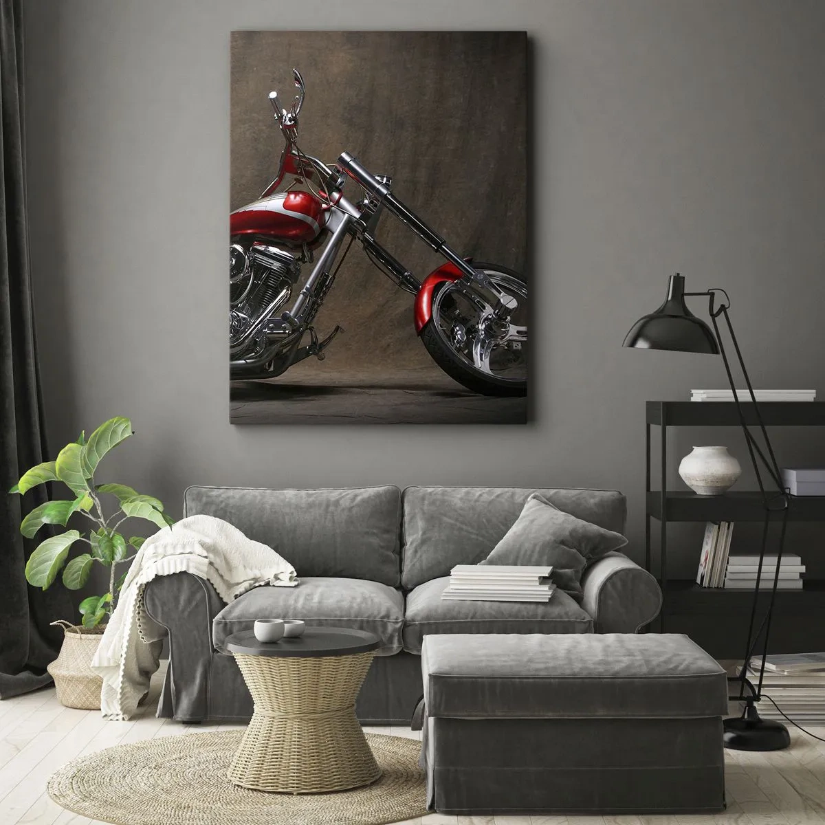 Cuadro sobre lienzo - Impresión de Imagen - Motocicleta roja personalizada sobre un fondo de tela marrón. - 70x100cm - Belleza rojo-plateada - Decoración de pared moderna para salón y dormitorio ARTTOR