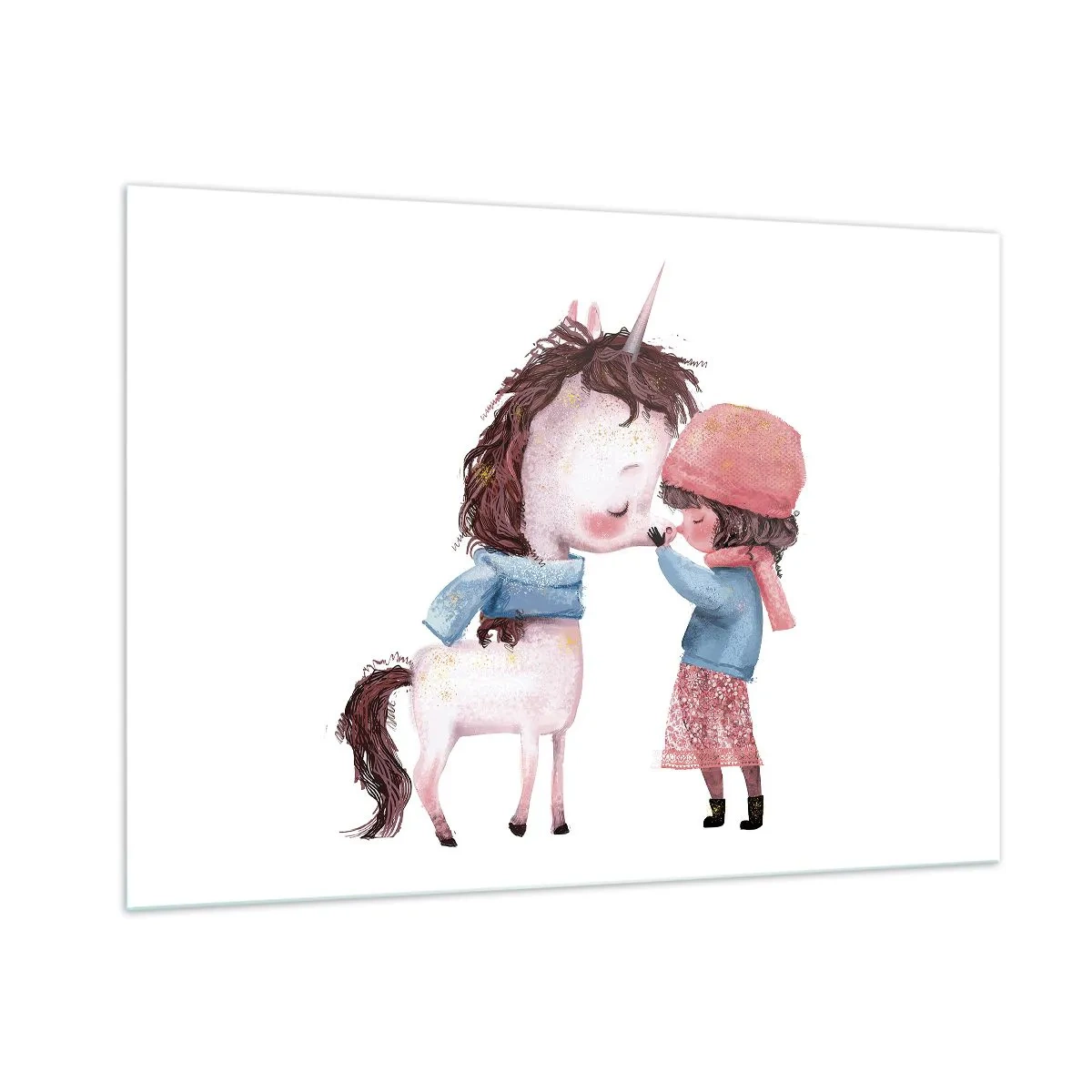 Cuadro sobre vidrio - Impresiones sobre Vidrio - Una niña y un unicornio en un paisaje invernal. - 100x70cm - Un cuento de invierno - Decoración de pared moderna para salón y dormitorio ARTTOR