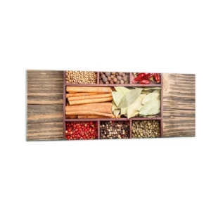 Cuadro sobre vidrio - Impresiones sobre Vidrio - Caja de madera con varias especias en compartimentos. - 140x50cm - Orden de formas, composición de aromas - Decoración de pared moderna para salón y dormitorio ARTTOR
