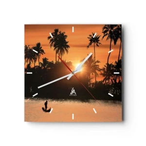 Reloj de pared - Reloj de vidrio - Puesta de sol sobre palmeras y un lago tranquilo con un barco. - 30x30cm - Tiempo de descanso - Decoración de pared moderna para salón y dormitorio ARTTOR