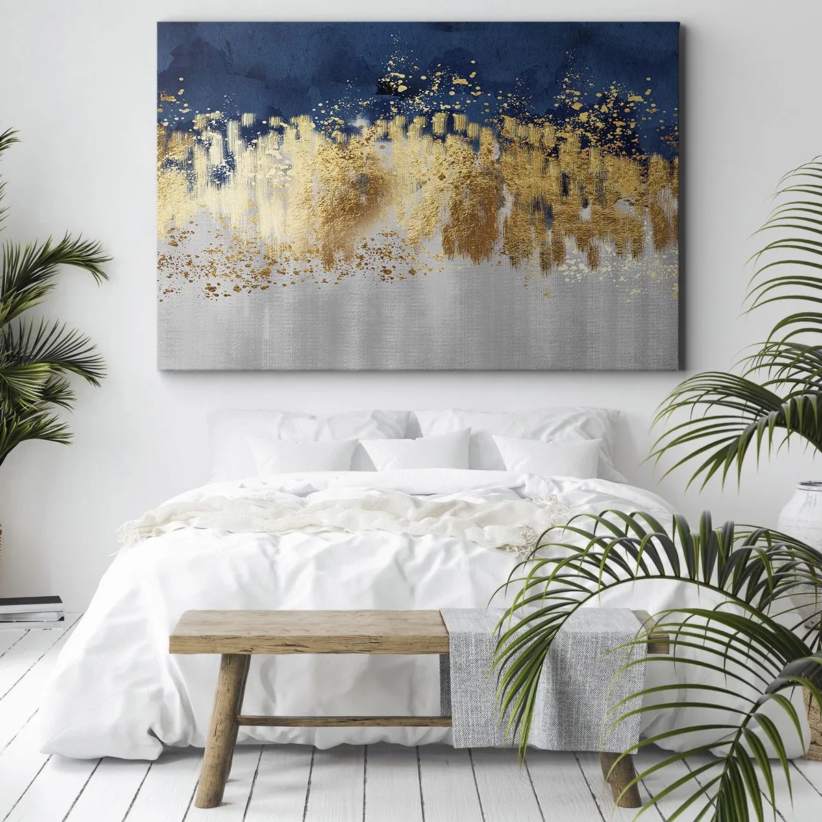 Cuadro sobre lienzo - Impresión de Imagen - Una composición abstracta en tonos dorados y azul marino. - 100x70cm - Composición moderna con chispas - Decoración de pared moderna para salón y dormitorio ARTTOR