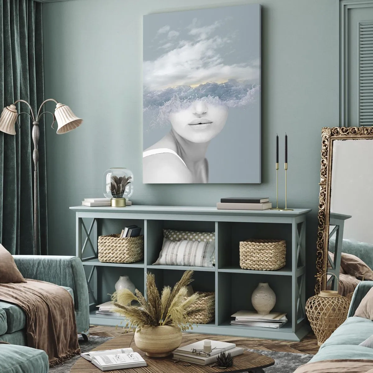 Cuadro sobre lienzo - Impresión de Imagen - Retrato de una mujer con el rostro oculto tras nubes y olas. - 50x70cm - Con la cabeza en las nubes - Decoración de pared moderna para salón y dormitorio ARTTOR