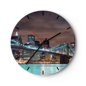 Reloj de pared - Reloj de vidrio - El puente de Brooklyn y el horizonte de Nueva York por la noche - 30x30cm - Las luces de la gran ciudad - Decoración de pared moderna para salón, cocina y dormitorio ARTTOR