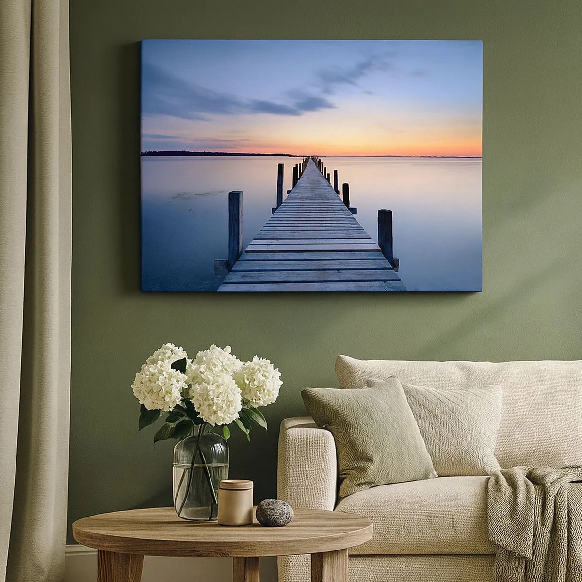 Cuadro sobre lienzo - Impresión de Imagen - Muelle de madera en el lago al atardecer - 70x50cm - La calma de un crepúsculo sereno - Decoración de pared moderna para salón y dormitorio ARTTOR
