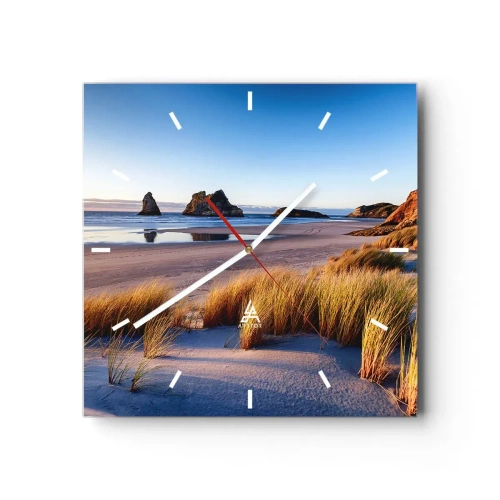 Reloj de pared - Reloj de vidrio - Una playa pintoresca con vistas a las rocas y al mar al atardecer. - 30x30cm - Para buscadores de tranquilidad - Decoración de pared moderna para salón y dormitorio ARTTOR
