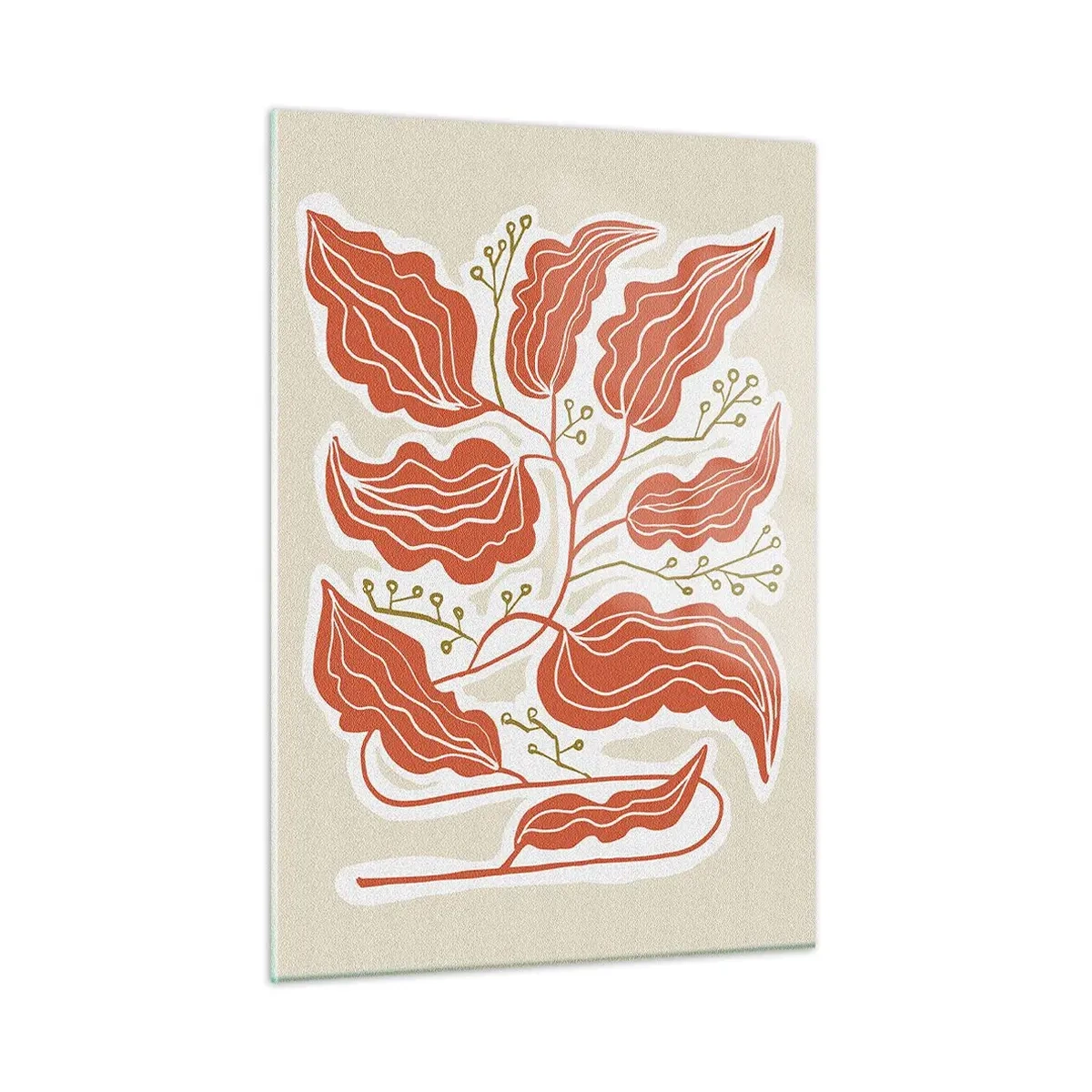 Cuadro sobre vidrio - Impresiones sobre Vidrio - Hojas de coral con un patrón folklórico sobre un fondo claro. - 50x70cm - Folk y coral - Decoración de pared moderna para salón y dormitorio ARTTOR