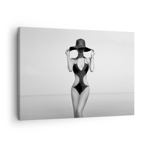 Cuadro sobre lienzo - Impresión de Imagen - Silueta en blanco y negro de una mujer con sombrero contra el fondo del mar. - 70x50cm - Mi nombre es Elegancia - Decoración de pared moderna para salón y dormitorio ARTTOR