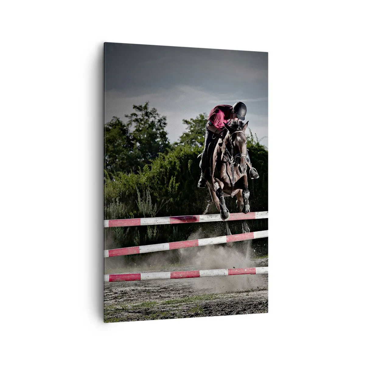 Cuadro sobre lienzo - Impresión de Imagen - Un jinete a caballo saltando sobre un obstáculo en una pista de carreras. - 80x120cm - Juntos por la victoria - Decoración de pared moderna para salón y dormitorio ARTTOR