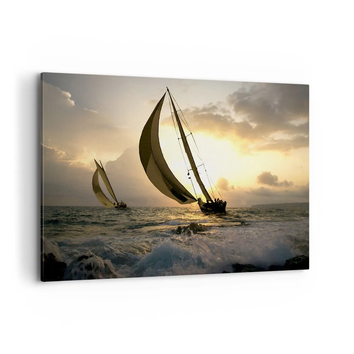 Cuadro sobre lienzo - Impresión de Imagen - Veleros en el mar durante la puesta de sol - 120x80cm - En contra y a favor del viento - Decoración de pared moderna para salón y dormitorio ARTTOR