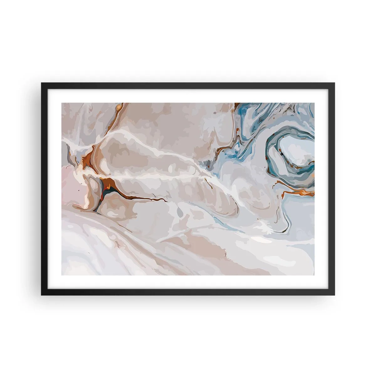 Póster en marco negro - Patrón abstracto en tonos de blanco y azul. - 70x50cm - El azul serpentea por el blanco - Decoración de pared moderna para salón y dormitorio ARTTOR