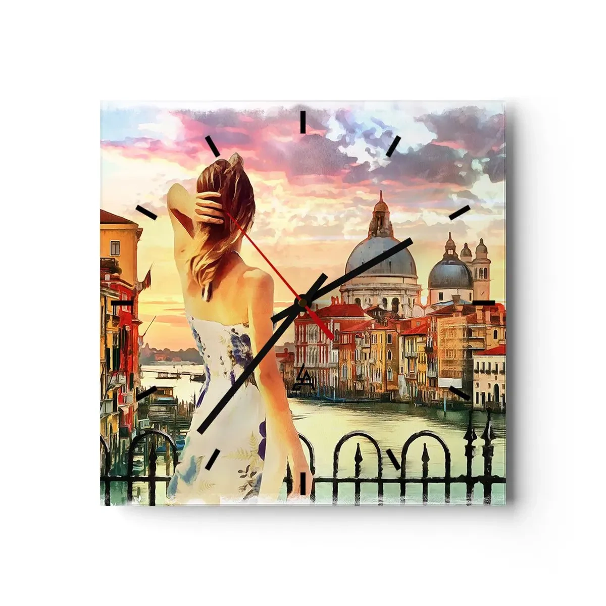 Reloj de pared - Reloj de vidrio - Una mujer admirando el pintoresco paisaje junto al canal. - 30x30cm - Escapada de fin de semana - Decoración de pared moderna para salón y dormitorio ARTTOR
