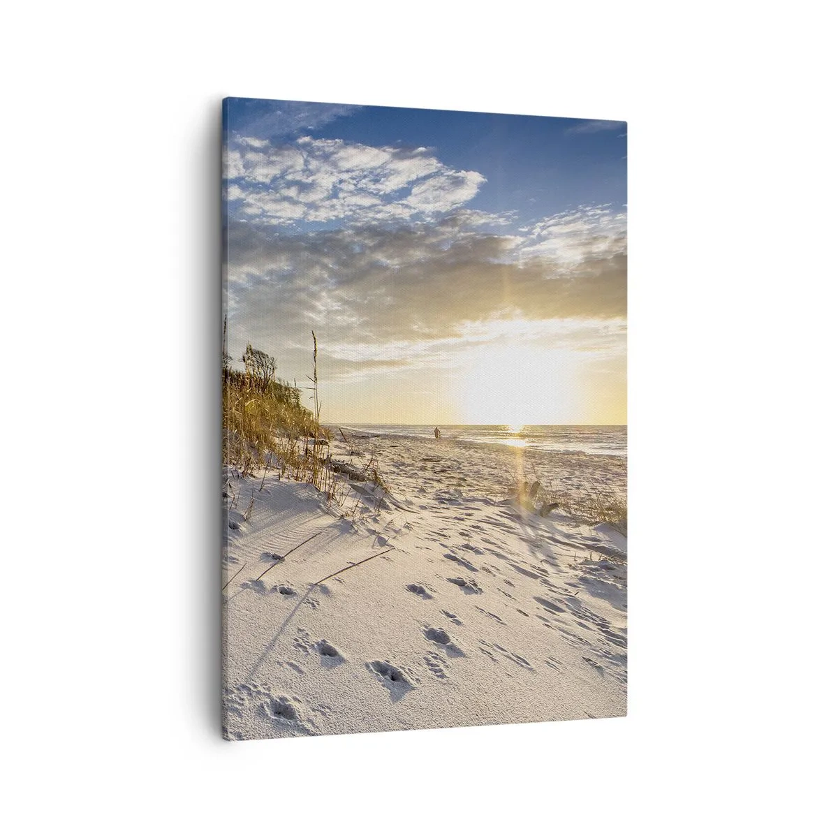 Cuadro sobre lienzo - Impresión de Imagen - Dunas con hierba y huellas en la arena al atardecer - 50x70cm - Invitación a un paseo - Decoración de pared moderna para salón y dormitorio ARTTOR