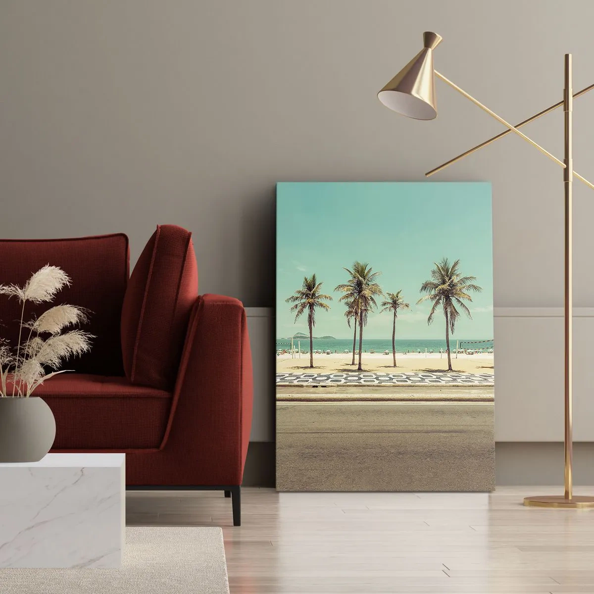 Cuadro sobre lienzo - Impresión de Imagen - Palmeras en la playa con vistas al mar y al cielo azul. - 80x120cm - En la playa - Decoración de pared moderna para salón y dormitorio ARTTOR