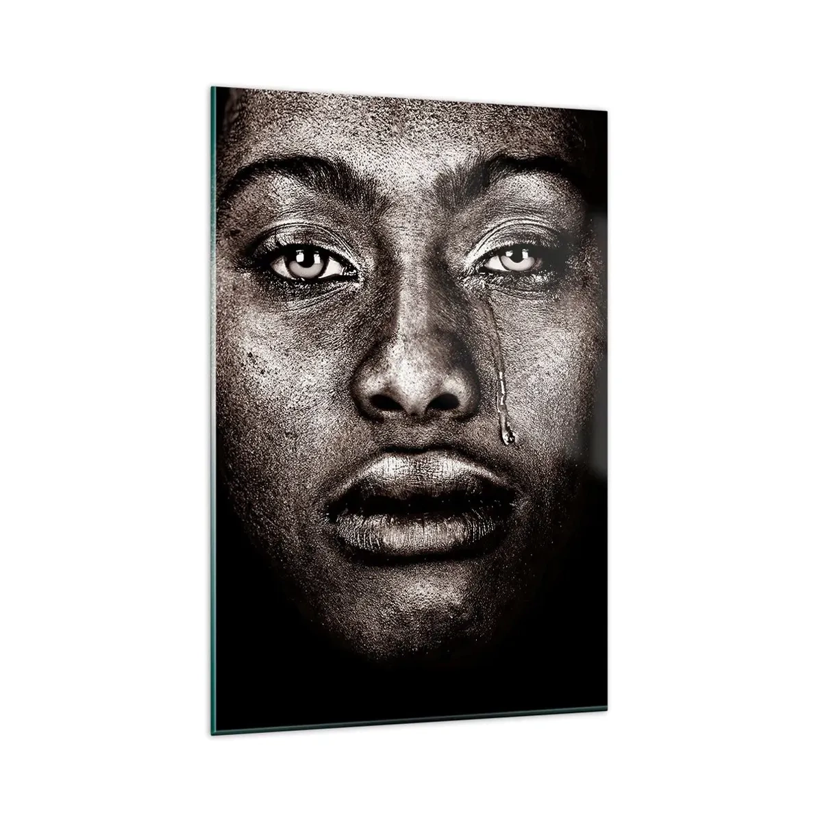 Cuadro sobre vidrio - Impresiones sobre Vidrio - Retrato de un rostro con una sola lágrima sobre un fondo negro - 80x120cm - Una lágrima - Decoración de pared moderna para salón y dormitorio ARTTOR