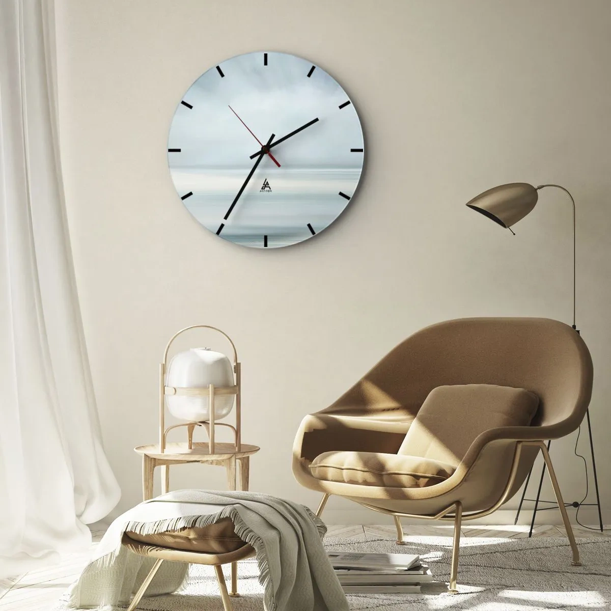 Reloj de pared - Reloj de vidrio - Horizonte borroso en tonos azules y grises - 30x30cm - Paz hasta el horizonte - Decoración de pared moderna para salón, cocina y dormitorio ARTTOR