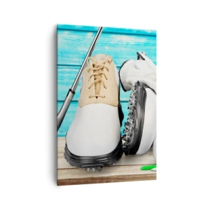 Cuadro sobre lienzo - Impresión de Imagen - Un conjunto de accesorios de golf sobre un fondo de madera. - 70x100cm - Todo listo - Decoración de pared moderna para salón y dormitorio ARTTOR