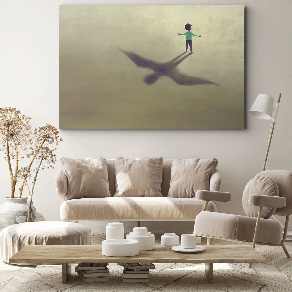 Cuadro sobre lienzo - Impresión de Imagen - Una figura simbólica de un niño con la sombra de un pájaro sobre un fondo de tonos cálidos. - 100x70cm - Héroe del futuro - Decoración de pared moderna para salón y dormitorio ARTTOR