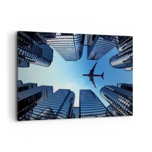 Cuadro sobre lienzo - Impresión de Imagen - Un avión volando sobre modernos rascacielos en el centro de la ciudad. - 120x80cm - La vista desde el abismo de cristal - Decoración de pared moderna para salón y dormitorio ARTTOR