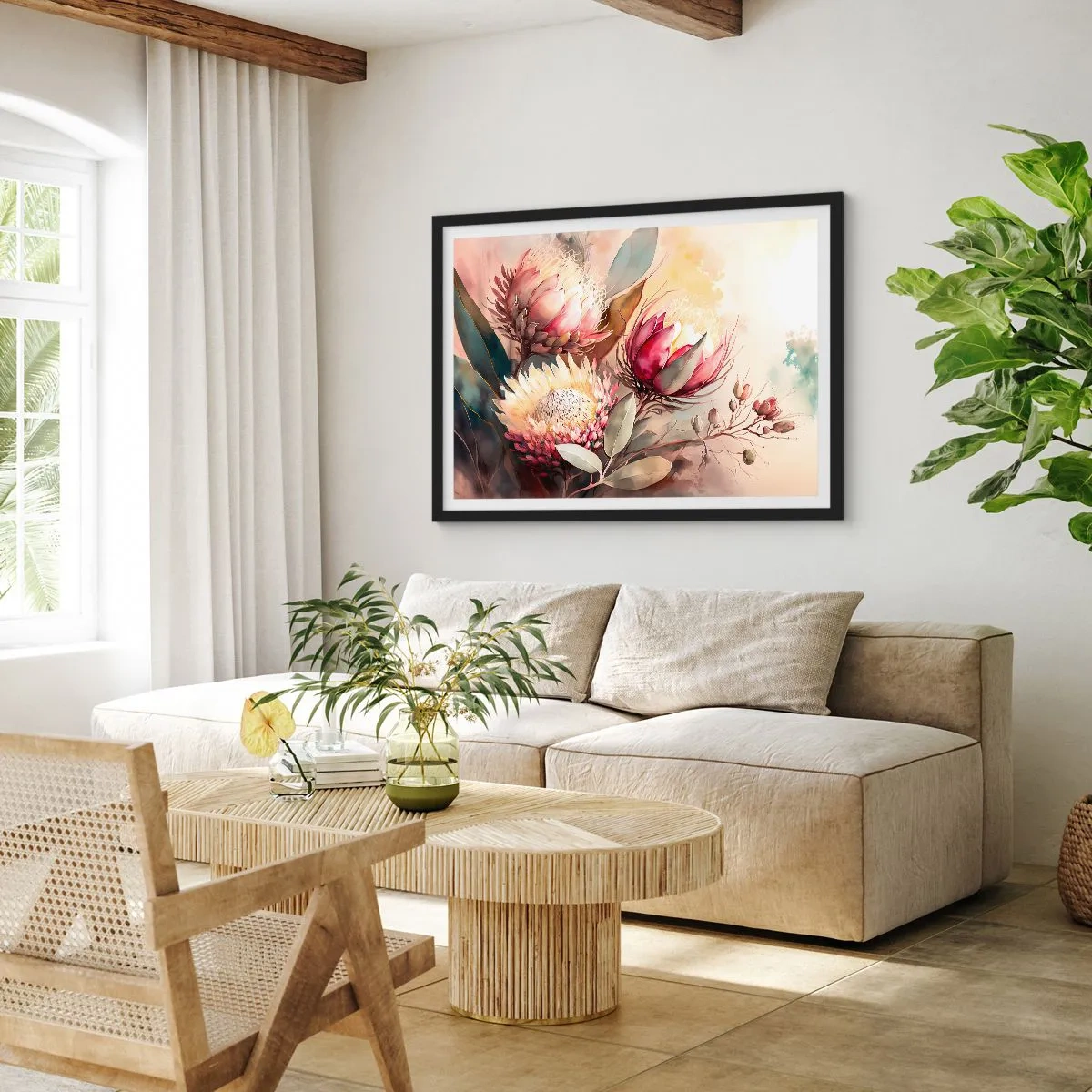 Póster en marco negro - Flores de protea en delicados tonos pastel. - 70x50cm - De perfil y de frente - Decoración de pared moderna para salón y dormitorio ARTTOR