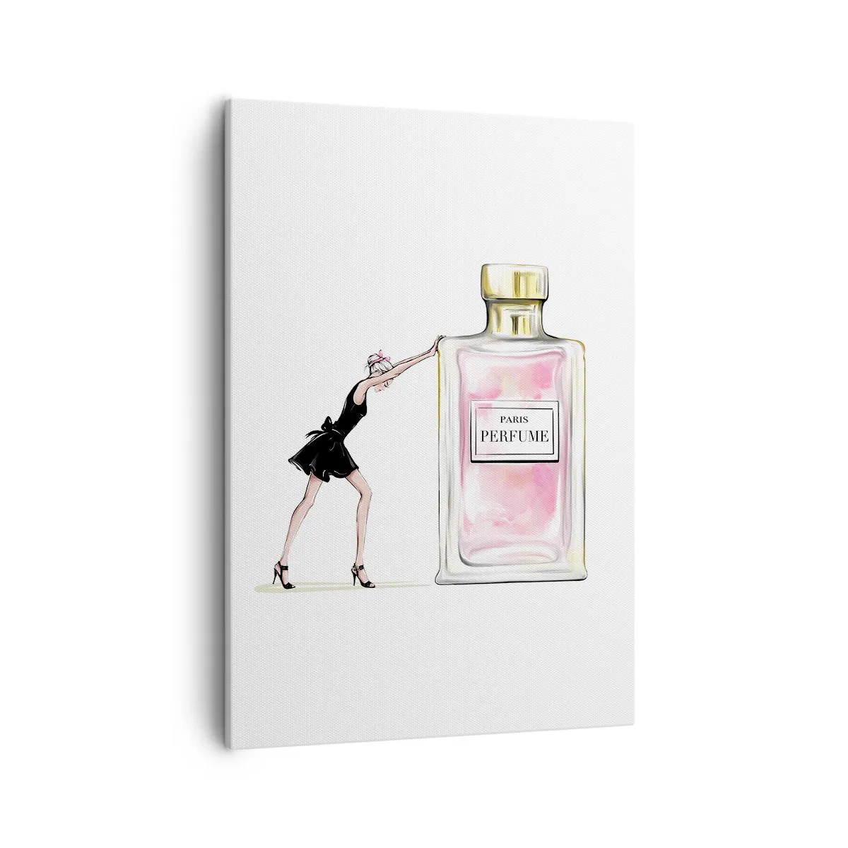 Cuadro sobre lienzo - Impresión de Imagen - Una mujer con un vestido negro junto a un frasco de perfume. - 50x70cm - La esencia de la feminidad - Decoración de pared moderna para salón y dormitorio ARTTOR