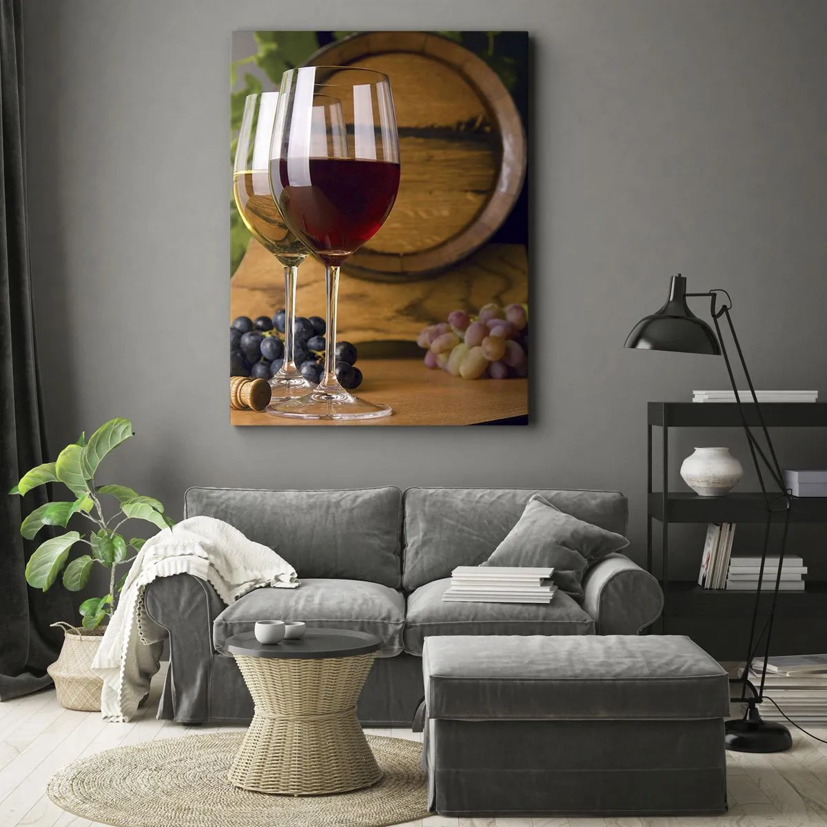 Cuadro sobre lienzo - Impresión de Imagen - Copas de vino con uvas, un barril y botellas sobre una mesa de madera - 70x100cm - Como los antiguos maestros - Decoración de pared moderna para salón y dormitorio ARTTOR