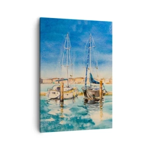 Cuadro sobre lienzo - Impresión de Imagen - Puerto deportivo con barcos con el fondo de una laguna azul - 50x70cm - Laguna soleada - Decoración de pared moderna para salón y dormitorio ARTTOR