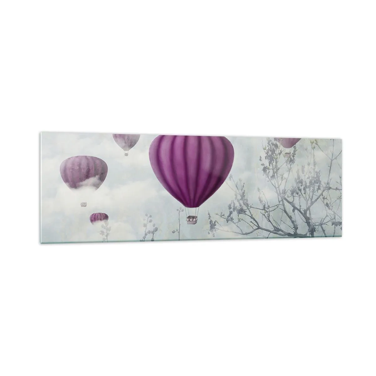 Cuadro sobre vidrio - Impresiones sobre Vidrio - Globos morados flotando sobre los árboles en las nubes. - 160x50cm - Surcando los cielos - Decoración de pared moderna para salón y dormitorio ARTTOR