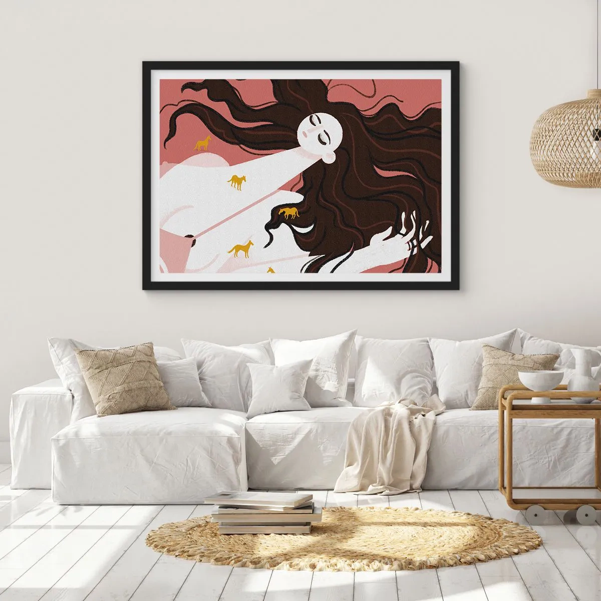 Póster en marco negro - Una figura con los ojos cerrados rodeada de caballos dorados. - 70x50cm - Sueño de caballos dorados - Decoración de pared moderna para salón y dormitorio ARTTOR