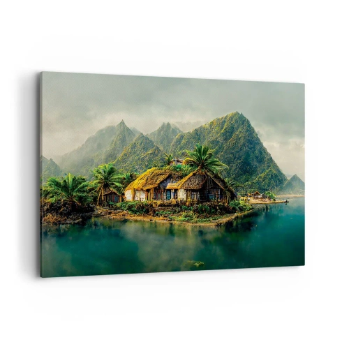Cuadro sobre lienzo - Impresión de Imagen - Una isla tropical con palmeras y montañas al fondo. - 100x70cm - Paraíso tropical - Decoración de pared moderna para salón y dormitorio ARTTOR