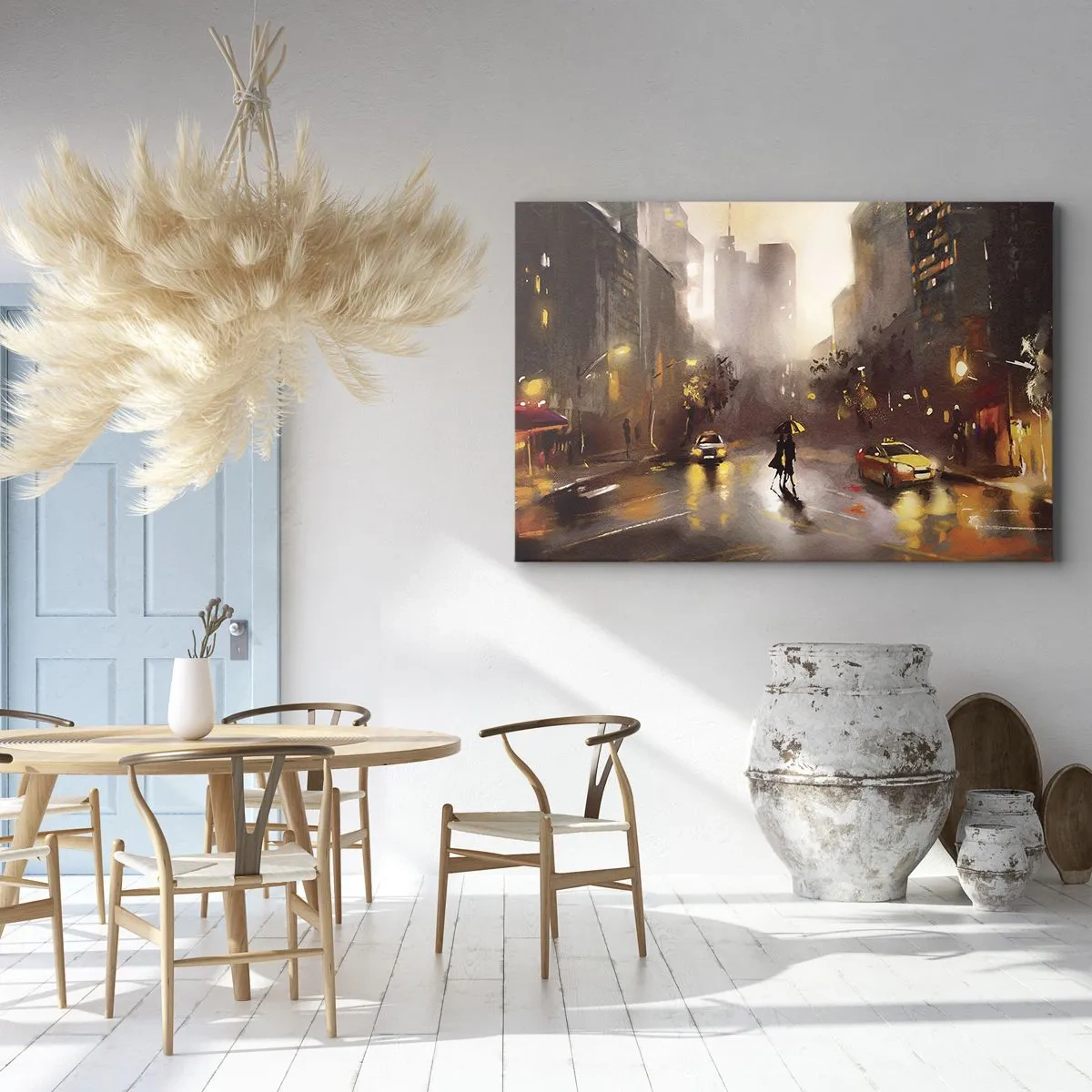 Cuadro sobre lienzo - Impresión de Imagen - Una escena urbana nocturna a la luz de las farolas y los reflejos en una calle mojada. - 120x80cm - En las luces de Nueva York - Decoración de pared moderna para salón y dormitorio ARTTOR