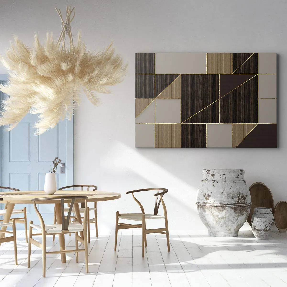 Cuadro sobre lienzo - Impresión de Imagen - Patrones geométricos en tonos marrones con líneas doradas. - 70x50cm - Un mosaico de marrones y dorados - Decoración de pared moderna para salón y dormitorio ARTTOR