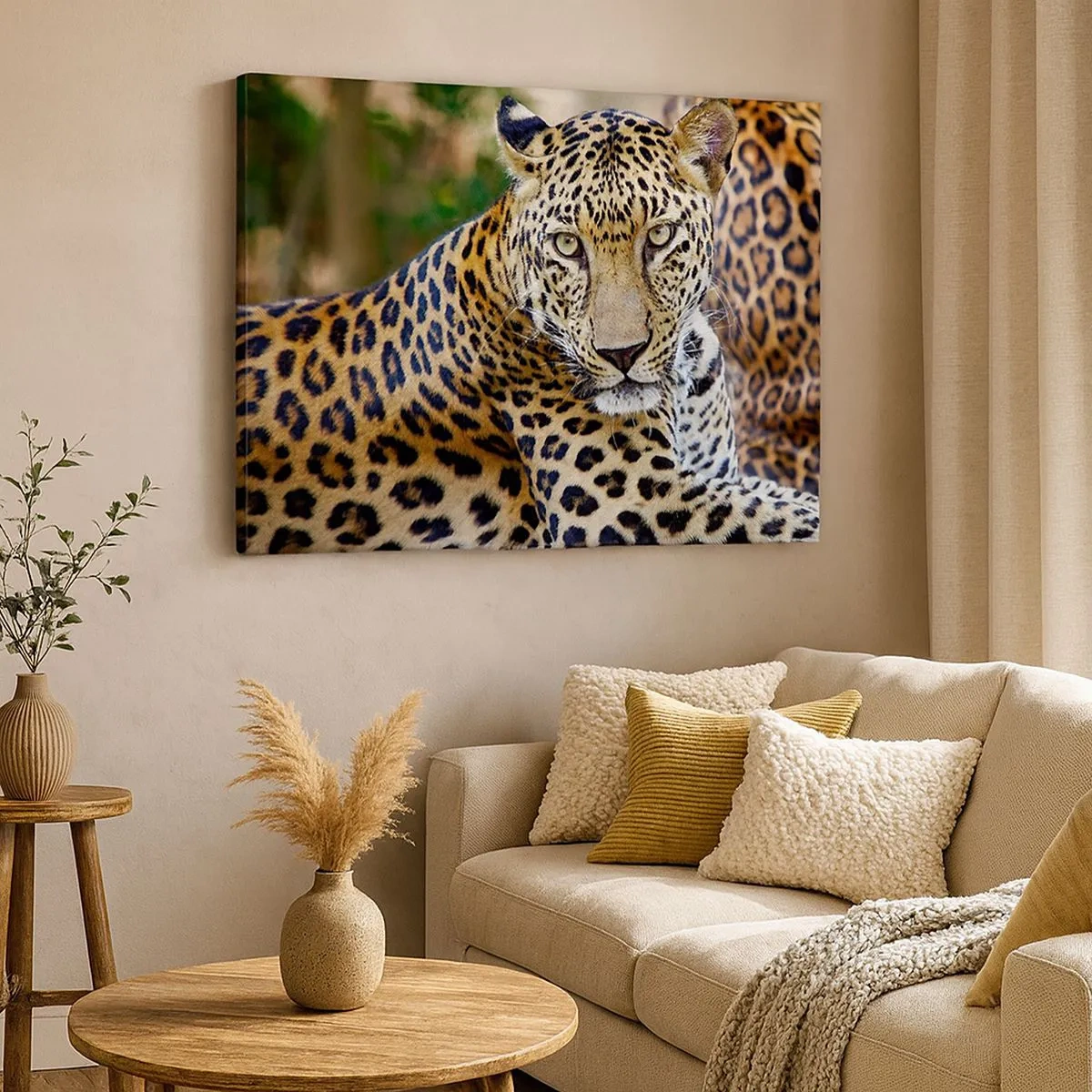 Cuadro sobre lienzo - Impresión de Imagen - Jaguar descansando en un entorno natural con fondo verde. - 70x50cm - Salvaje y tranquilo - Decoración de pared moderna para salón y dormitorio ARTTOR
