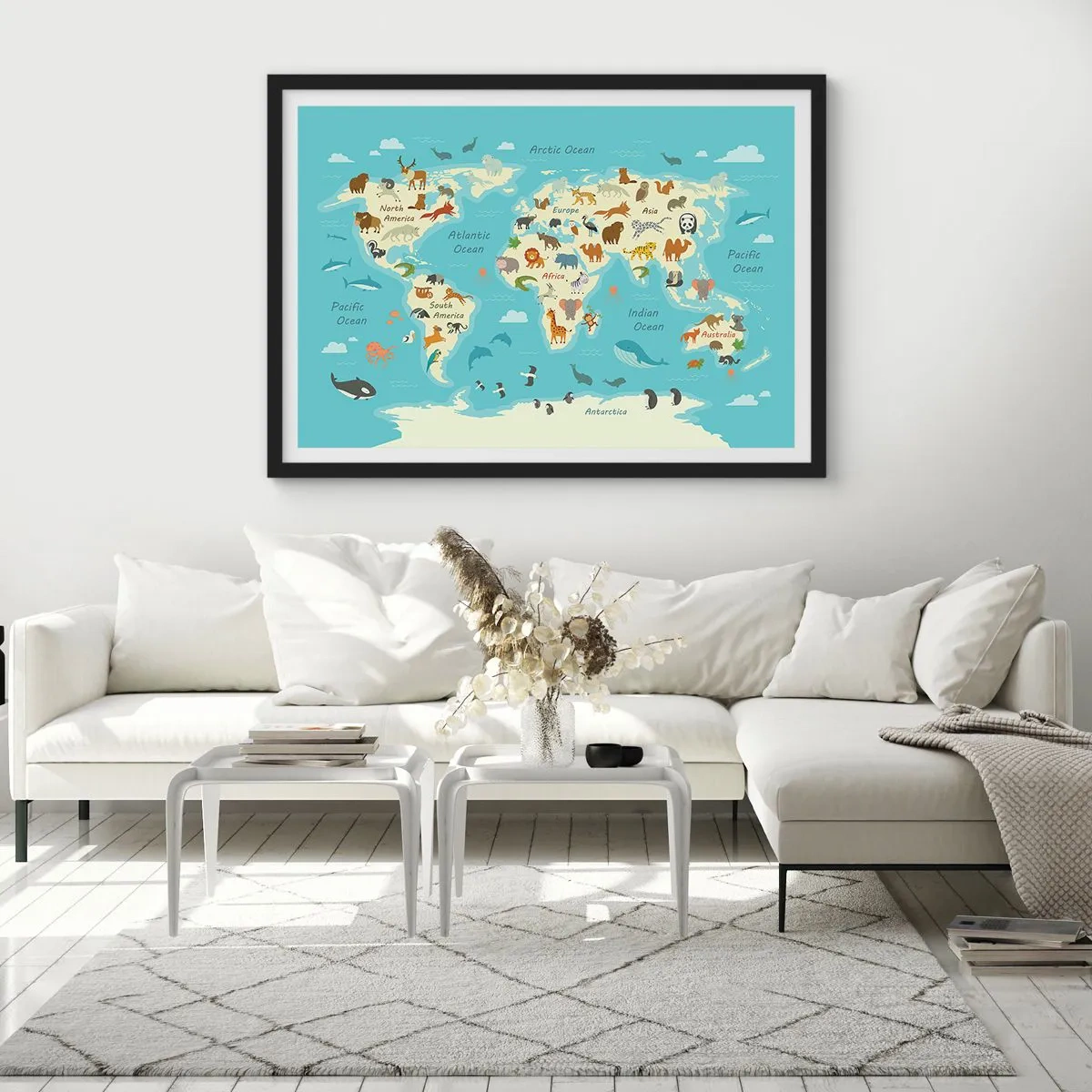 Póster en marco negro - Mapa del mundo con ilustraciones de animales - 100x70cm - Buenos vecinos - Decoración de pared moderna para salón y dormitorio ARTTOR