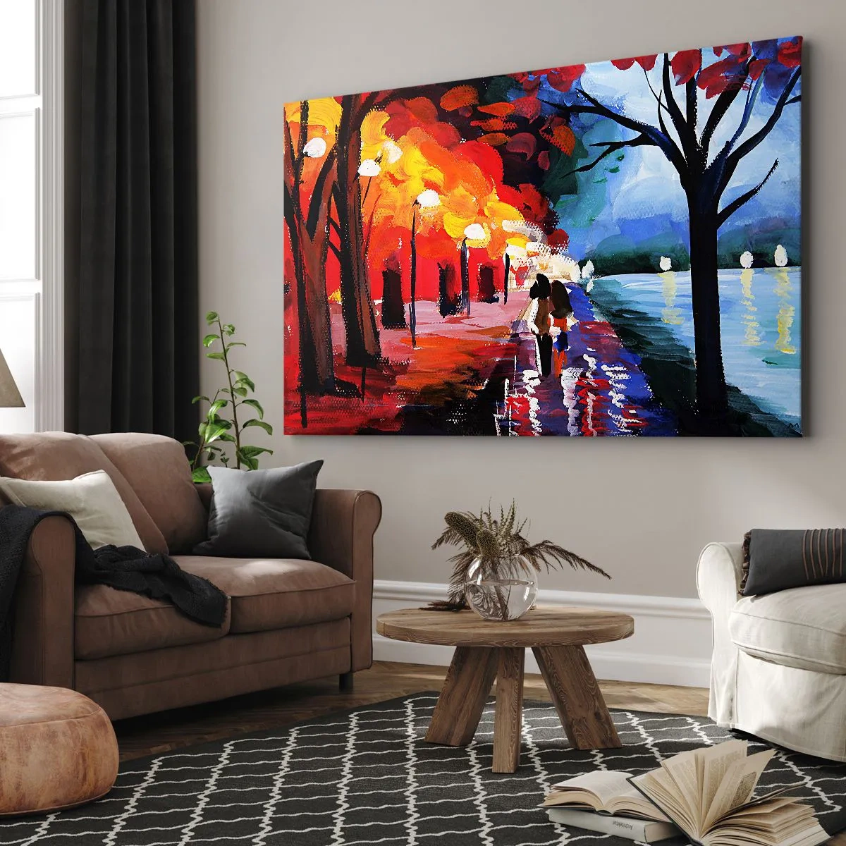 Cuadro sobre lienzo - Impresión de Imagen - Un paseo otoñal por el sendero con vistas al agua. - 120x80cm - Otoño en el parque - Decoración de pared moderna para salón y dormitorio ARTTOR