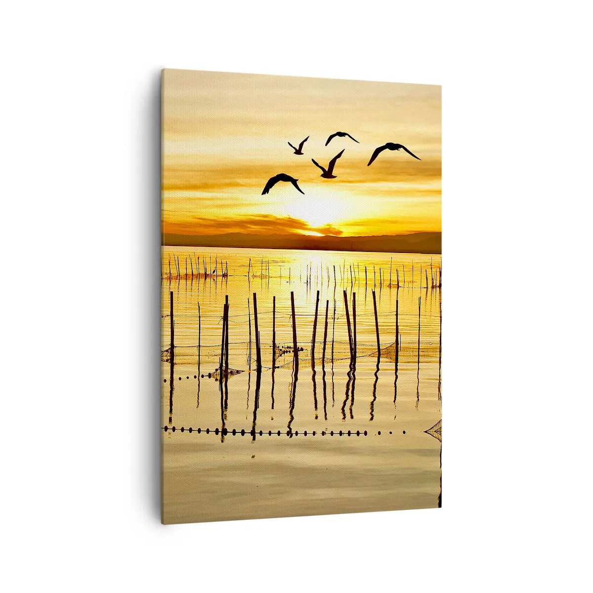 Cuadro sobre lienzo - Impresión de Imagen - Puesta de sol sobre el agua con pájaros en vuelo - 70x100cm - Horizonte naranja - Decoración de pared moderna para salón y dormitorio ARTTOR