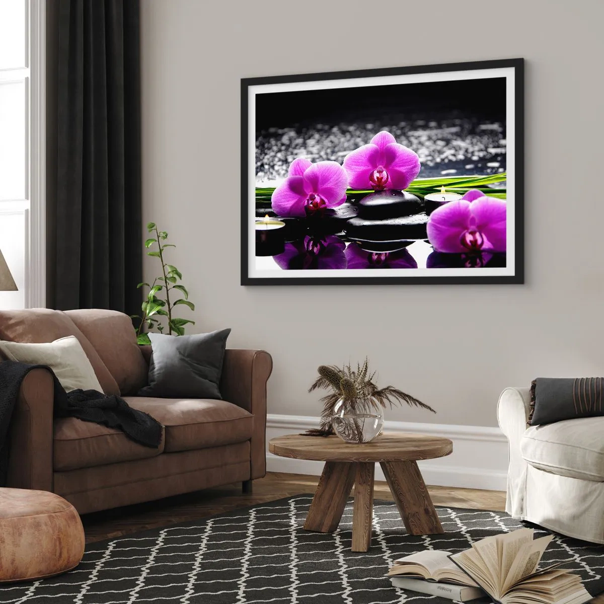 Póster en marco negro - Orquídeas moradas sobre un fondo de piedras y velas en un entorno relajante. - 100x70cm - Ahogarse en la paz y la tranquilidad - Decoración de pared moderna para salón y dormitorio ARTTOR