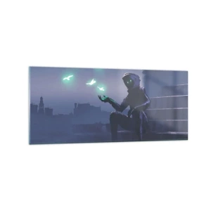 Cuadro sobre vidrio - Impresiones sobre Vidrio - Una figura encapuchada con pájaros mágicos en el fondo de una ciudad. - 120x50cm - La vida volverá - Decoración de pared moderna para salón y dormitorio ARTTOR