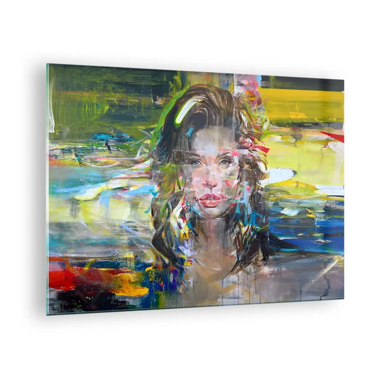 Cuadro sobre vidrio - Impresiones sobre Vidrio - Retrato abstracto de una mujer con un fondo dinámico. - 70x50cm - Tras el velo del aire - Decoración de pared moderna para salón y dormitorio ARTTOR
