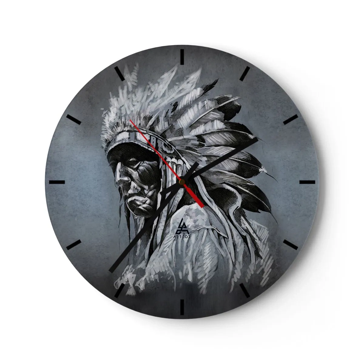 Reloj de pared - Reloj de vidrio - Retrato de un guerrero con un tocado de plumas sobre un fondo gris. - 30x30cm - Regreso a las raíces - Decoración de pared moderna para salón, cocina y dormitorio ARTTOR