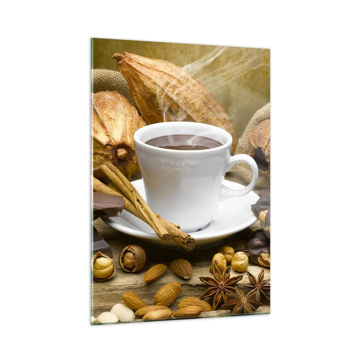 Cuadro sobre vidrio - Impresiones sobre Vidrio - Una taza de chocolate caliente rodeada de chocolate y especias. - 50x70cm - Para los que buscan emociones - Decoración de pared moderna para salón y dormitorio ARTTOR