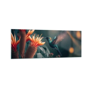 Cuadro sobre vidrio - Impresiones sobre Vidrio - Un colibrí colorido junto a las flores contra un fondo natural. - 140x50cm - Una vida verdaderamente colorida - Decoración de pared moderna para salón y dormitorio ARTTOR