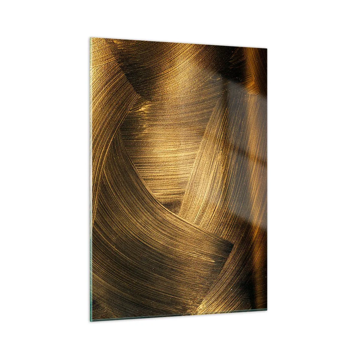 Cuadro sobre vidrio - Impresiones sobre Vidrio - Una pintura abstracta que representa líneas geométricas doradas sobre un fondo. - 50x70cm - En un laberinto de oro - Decoración de pared moderna para salón y dormitorio ARTTOR