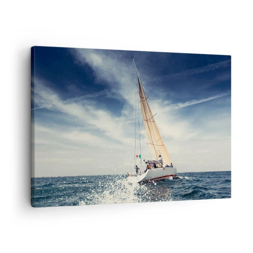 Cuadro sobre lienzo - Impresión de Imagen - Un velero en un mar tempestuoso bajo un cielo azul. - 70x50cm - ¡No nos alcanzarán! - Decoración de pared moderna para salón y dormitorio ARTTOR