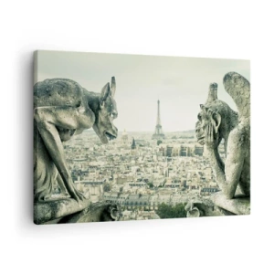 Cuadro sobre lienzo - Impresión de Imagen - Gárgolas con vistas al horizonte de París y a la Torre Eiffel - 70x50cm - Charlas parisinas - Decoración de pared moderna para salón y dormitorio ARTTOR