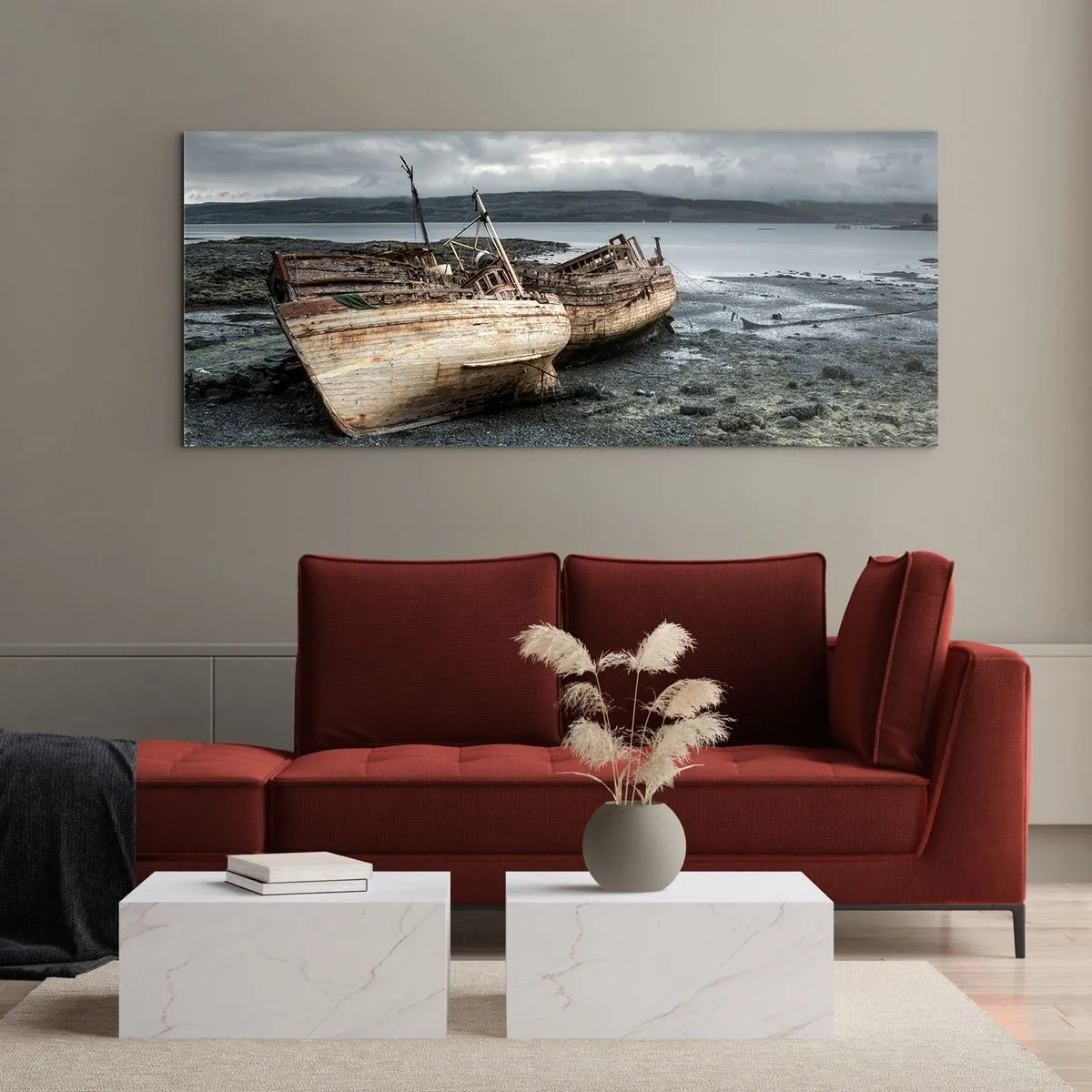 Cuadro sobre vidrio - Impresiones sobre Vidrio - Barcos abandonados en la orilla en una escena lluviosa - 140x50cm - Muestra de un trabajo dignamente realizado - Decoración de pared moderna para salón y dormitorio ARTTOR