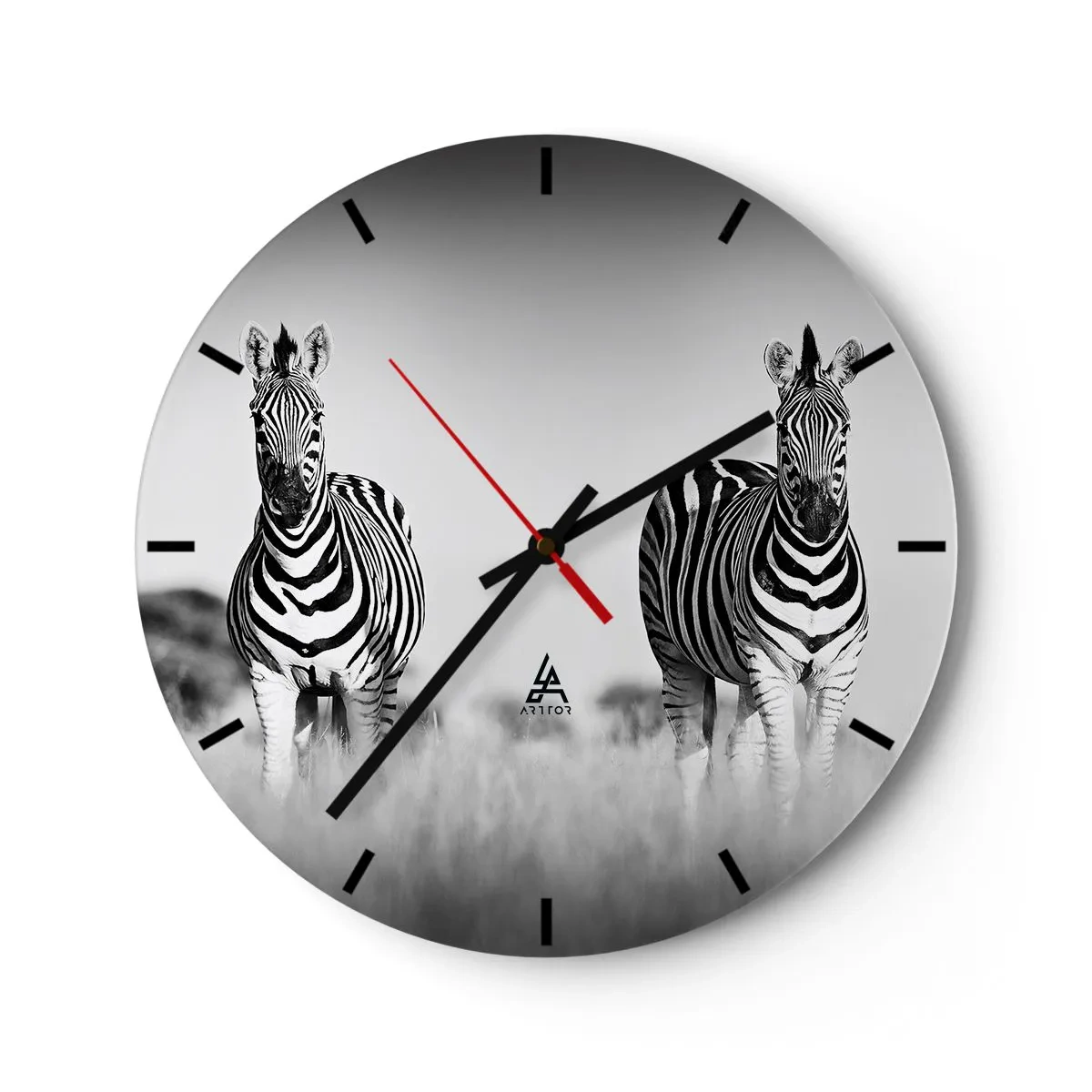Reloj de pared - Reloj de vidrio - Dos cebras en la sabana en blanco y negro - 30x30cm - Resulta que el mundo es blanco y negro - Decoración de pared moderna para salón, cocina y dormitorio ARTTOR