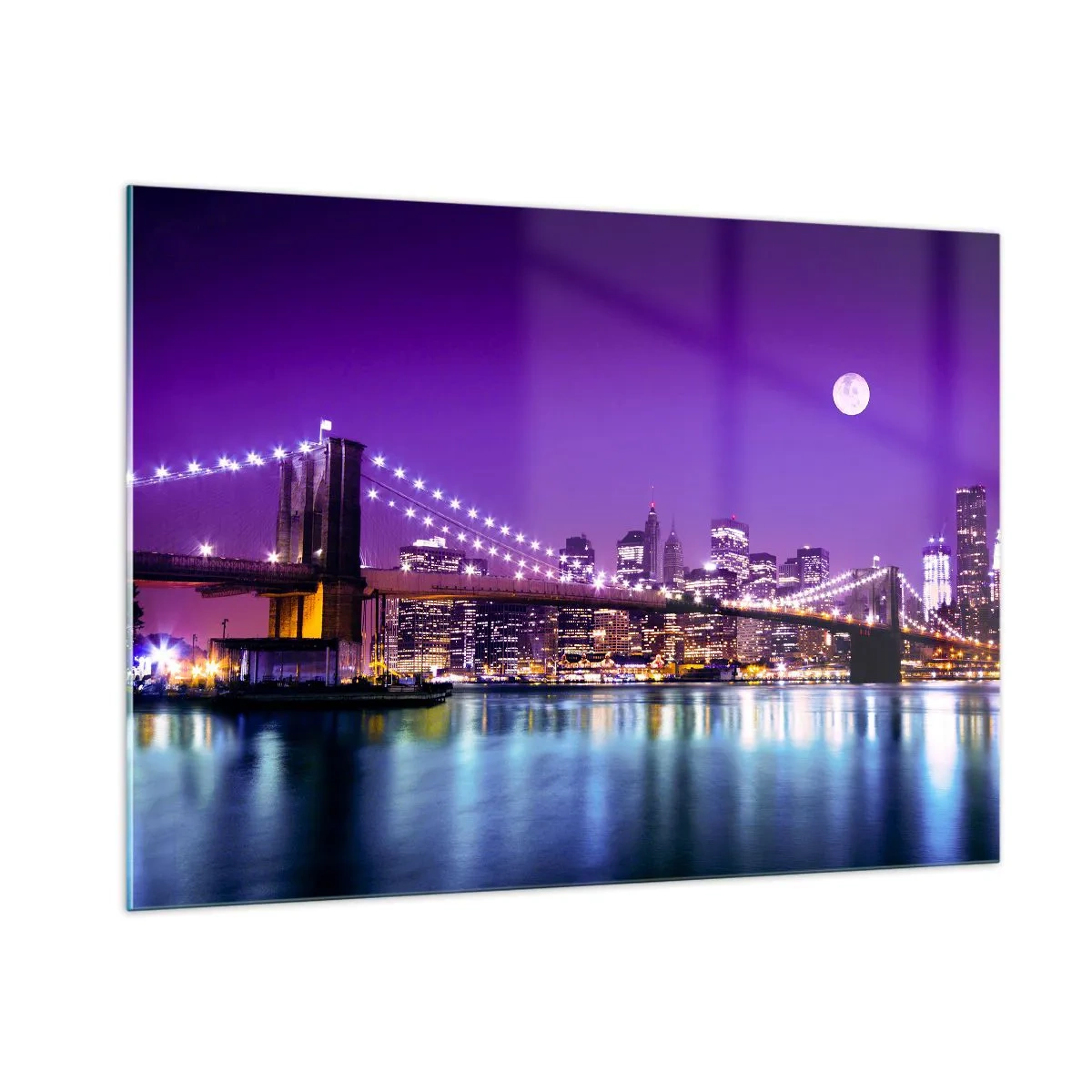 Cuadro sobre vidrio - Impresiones sobre Vidrio - El puente de Brooklyn y Manhattan de noche en tonos púrpuras - 100x70cm - Las luces de una gran ciudad en púrpura - Decoración de pared moderna para salón y dormitorio ARTTOR